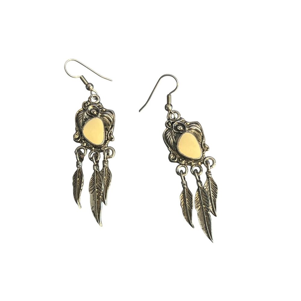 Vintage Silver Tone Dangle Earrings Cream Enamel Feather Dangles Estate 3"